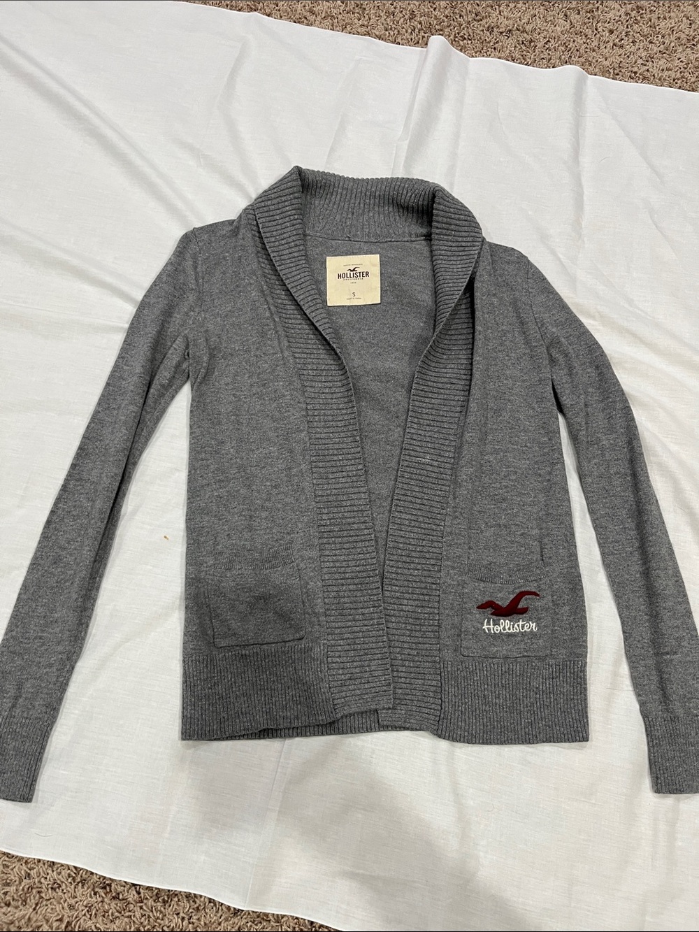 Hollister Gray Open-Front Shawl Collar Cardigan with Pocket Logo